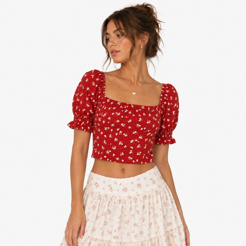 H&M Divided Puff Sleeve Floral Polka Dot Crop Top Red Cottagecore Size S